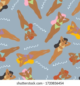 Decoración cuidada y transparente con mujeres y niñas nadando en el mar o en el océano. Ilustración vectorial del diseño subacuático.