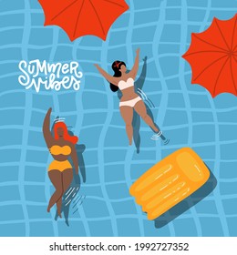 Cute decorative summer vibes banner with swimming women and girl in the pool. Hand drawn Vector illustration. Top view water surface with female body positive characters and umbrellas.