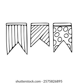 Cute decorative three textured flags. Decoration for holidays, birthday party, festival in contour doodle style without filling. Monochrome black line vector elements isolated on white background.