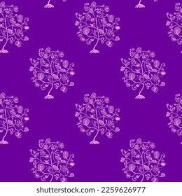 Cute decorative tree with birds repeat print. Light pink Ornamental trees illustration seamless pattern on purple background. Fairy garden cover ornament. Nature cover