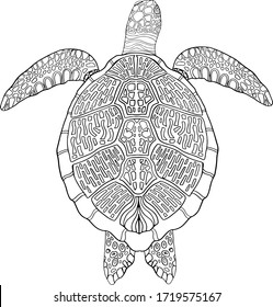 Cute decorative turtle. Hand drawn vector. Coloring book for children and adults. Stylish ornaments. Dood and Zen, meditation, relaxation. Isolated on white background. Line art. Outline. Sea animal