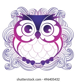Cute decorative vector owl. Line drawing sketch for T-shirt emblem, logo.