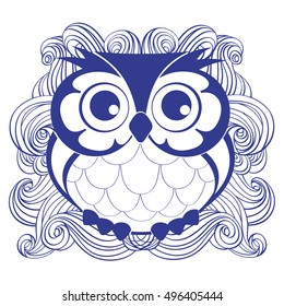 Cute decorative vector owl. Line drawing sketch for T-shirt emblem, logo.