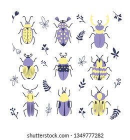 Cute decorative vector set of different doodle  bugs,  beetles,  leafs and branch. Vector design insect collection isolated on white.
