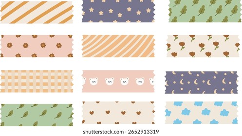 Nettes dekoratives Waschi Tape Muster Set mit Pastellfarben und Kawaii Elementen