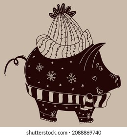 Cute decorative winter pig in hat and scarf with snowflakes. Vector illustration in hand doodle style. Pig piggy bank and seasonal money saving concept. sketch character for design and decor