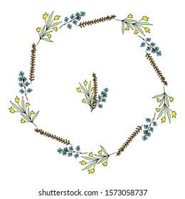 Cute decorative wreath of simple yellow and blue flowers and wheat in doodle style. Ornament. Stock vector illustration.