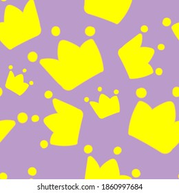 cute decorative yellow crowns, vector seamless pattern on lilac background, kawaii pattern