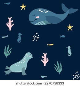 Cute deep blue illustration of sea creatures for children. Background with whale, seal, seahorse, starfish, and seaweed. Underwater theme seamless pattern. Smiley ocean animals with blush hand drawn.