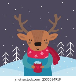 Cute deep with cup of coffee, cocoa on a winter background . Hand drawn greeting card