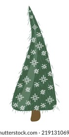 Cute deep green christmas tree with needles Xmas fir decorated by white snowflakes Vector illustration in flat cartoon style isolated on white background 