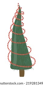 Cute deep green christmas tree with needles Xmas fir decorated by red lights Vector illustration in flat cartoon style isolated on white background 