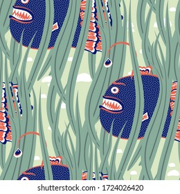 Cute Deepwater anglerfish. Seamless vector, easy to change color. This pattern is suitable for fabrics, t-shirts, gift wrapping, postcards and other printing surfaces.