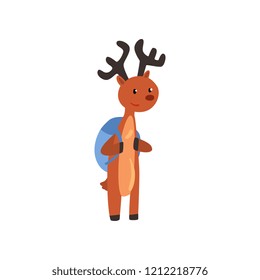 Cute deer animal cartoon character standing with backpack, school education and knowledge concept vector Illustration on a white background