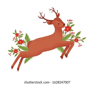 Cute Deer Animal Jumping and Skipping in Winter Forest Vector Illustration