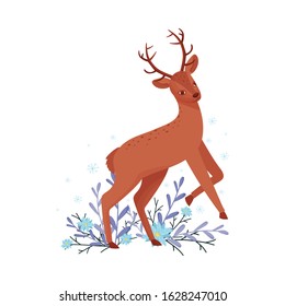 Cute Deer Animal Jumping and Skipping in Winter Forest Vector Illustration