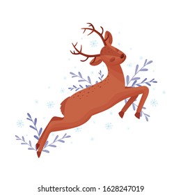 Cute Deer Animal Jumping and Skipping in Winter Forest with Closed Eyes Vector Illustration