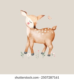 Cute deer animal for kindergarten, nursery isolated illustration for children clothing, pattern. Watercolor Hand drawn for phone cases design, nursery posters, postcards