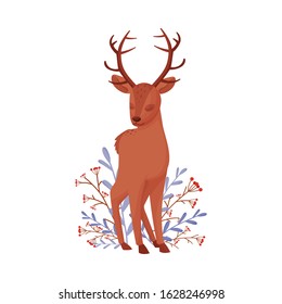 Cute Deer Animal Standing Beside Winter Flora with Closed Eyes Vector Illustration