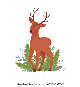 Cute Deer Animal Standing Beside Winter Flora with Closed Eyes Vector Illustration