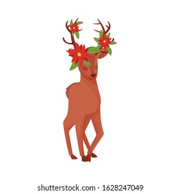 Cute Deer Animal Standing With Christmas Flower Wreath on His Head Vector Illustration