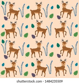 Cute deer animal and tropical leaves scandinavian pattern vector