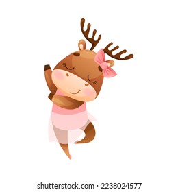 Cute Deer with Antlers Dancing Ballet Wearing Skirt and Bow on Its Head Vector Illustration