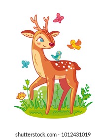 Cute deer with antlers standing on grass with birds and butterflies. Spring mood. Vector illustration in cartoon stile.