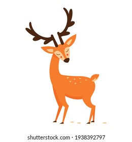 Cute deer with antlers, vector illustration. Drawing in a cartoon style.