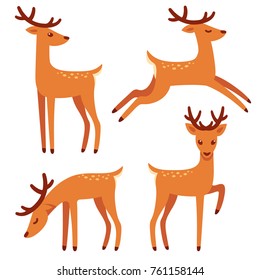 Cute deer with antlers, vector illustration set. Standing, jumping and grazing. Cartoon style drawing