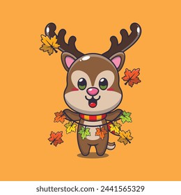 Cute deer with autumn leaf decoration. Mascot cartoon vector illustration suitable for poster, brochure, web, mascot, sticker, logo and icon.