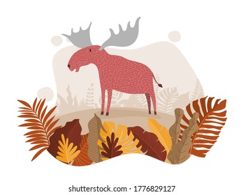 cute deer with autumn leaves colored in flat style vector illustration.