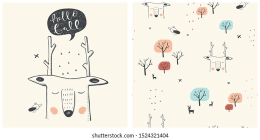 Cute deer.  Autumn seamless pattern. Cartoon hand drawn vector illustration. Can be used for t-shirt print, kids wear fashion design, baby shower invitation card. -  with cute deer. 