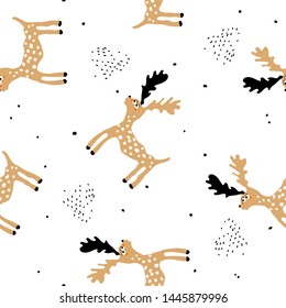 Cute deer. Baby seamless pattern. Creative vector childish background for fabric, textile, nursery wallpaper. Scandinavian style.