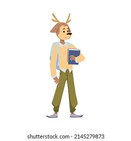 Cute deer with backpack and book go to school or college, flat vector illustration isolated on white background. Cartoon animal character in clothes or uniform. Kids education and studying concepts.