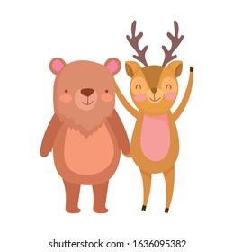 cute deer and bear cartoon on white background vector illustration