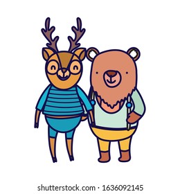 cute deer and bear with clothes cartoon on white background vector illustration