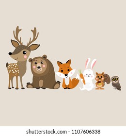 Cute deer, bear, fox, rabbit, squirrel and owl cartoon, Wildlife animal character.