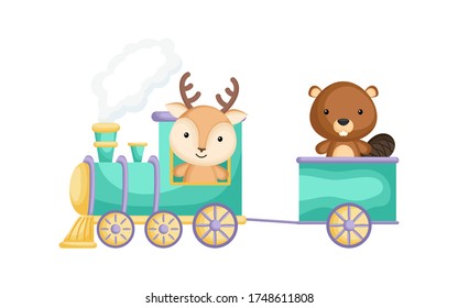 Travesía de ciervos y castores en tren. Elemento gráfico para libro infantil, álbum, scrapbook, postcard o juego móvil. Tema zoológico. Ilustración vectorial plana aislada en fondo blanco.