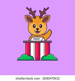 Cute deer is being a ticket keeper. Animal cartoon concept isolated. Can used for t-shirt, greeting card, invitation card or mascot.