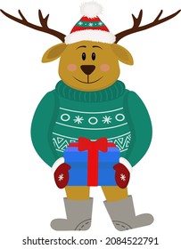 A cute deer with big horns and a green sweater. Cute deer with a gift in his hands.Funny vector illustration of a deer.  New Year, Christmas, holidays, the hero of postcards and advertisements.