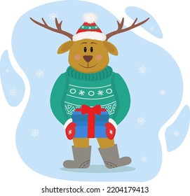 Cute deer with big horns and a green sweater on a blue background. Cute deer with a gift in his hands.Funny vector illustration of a deer.  New Year, Christmas, holidays, advertising hero.