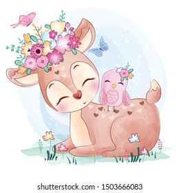 Cute deer with bird illustration