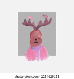 Cute deer and bird vector design for wallpaper, background, fabric and textile