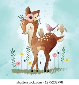 Cute Deer With Birds