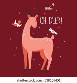 Cute deer with birds. Vector illustration