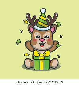 Cute deer in birthday party cartoon illustration