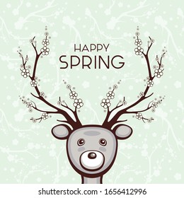 Cute deer with blossom branches horns. Vector illustration with "Happy spring" lettering. Animal cartoon character. Season decoration and template for greeting card.