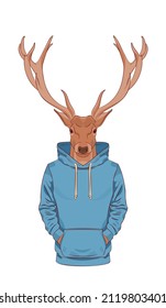 Cute deer in blue hoodie or sweatshirt in line art style. Illustration of an animal in a realistic style.