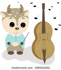 Cute deer in a blue jacket with a musical instrument contrabass